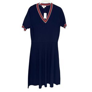 Brooks Brothers Red Fleece Sweater Dress Womens Medium Navy V Neck Fit Flare